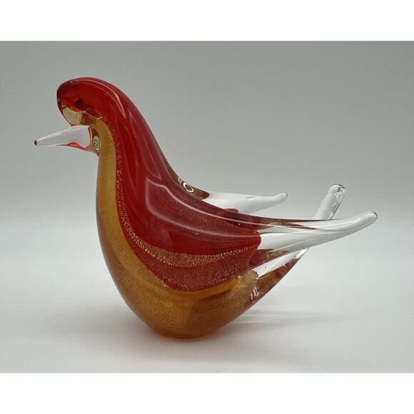 Seguso Murano Venetian Italian 4” Red w Gold Polveri Art Glass Bird Figurine